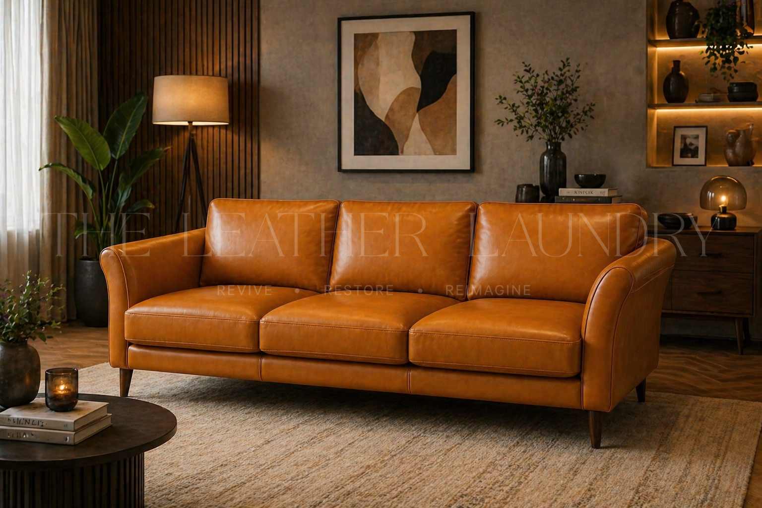 Discoloured leather sofa after full colour restoration