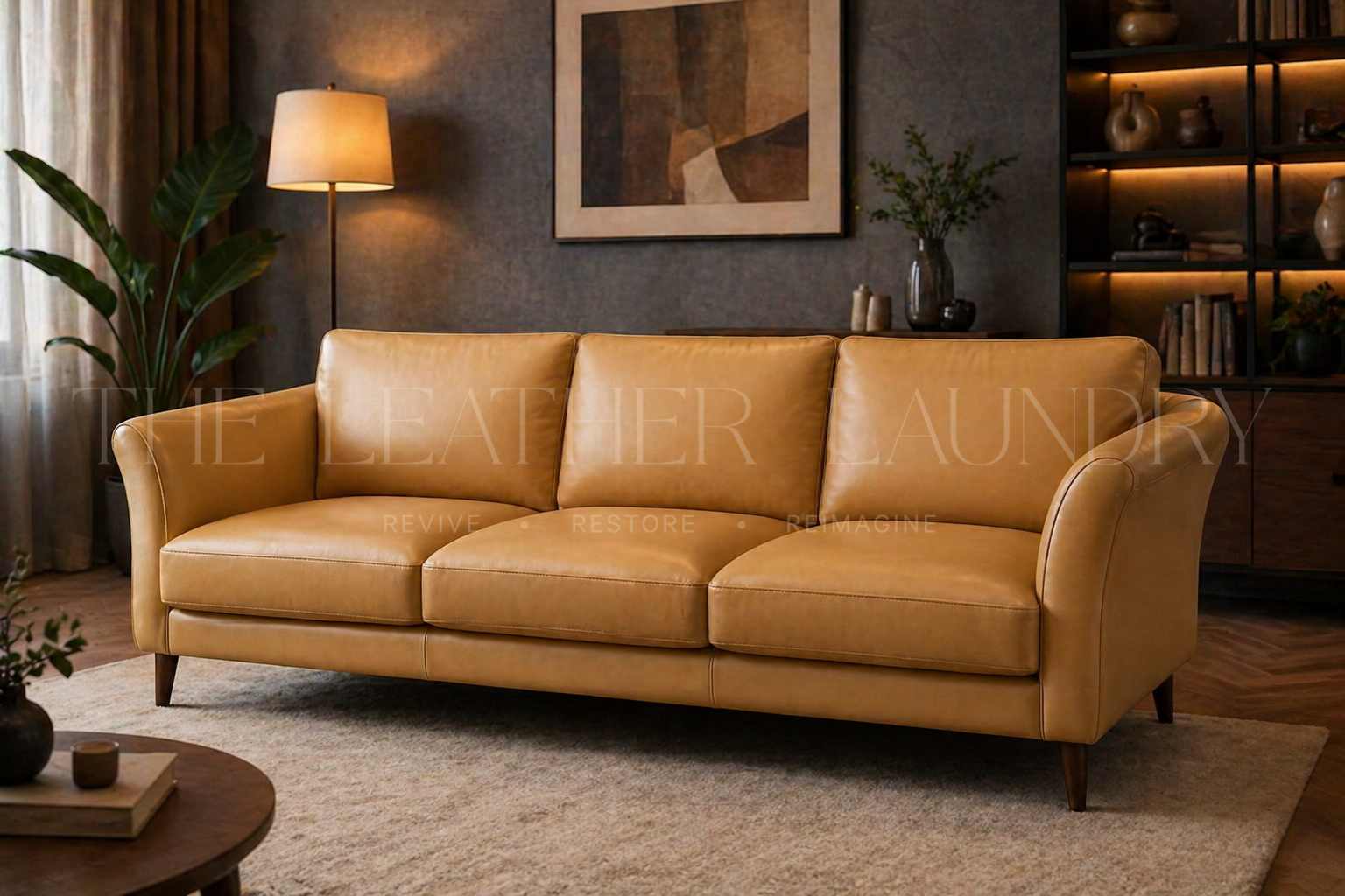 Leather sofa before colour restoration — patchy discolouration