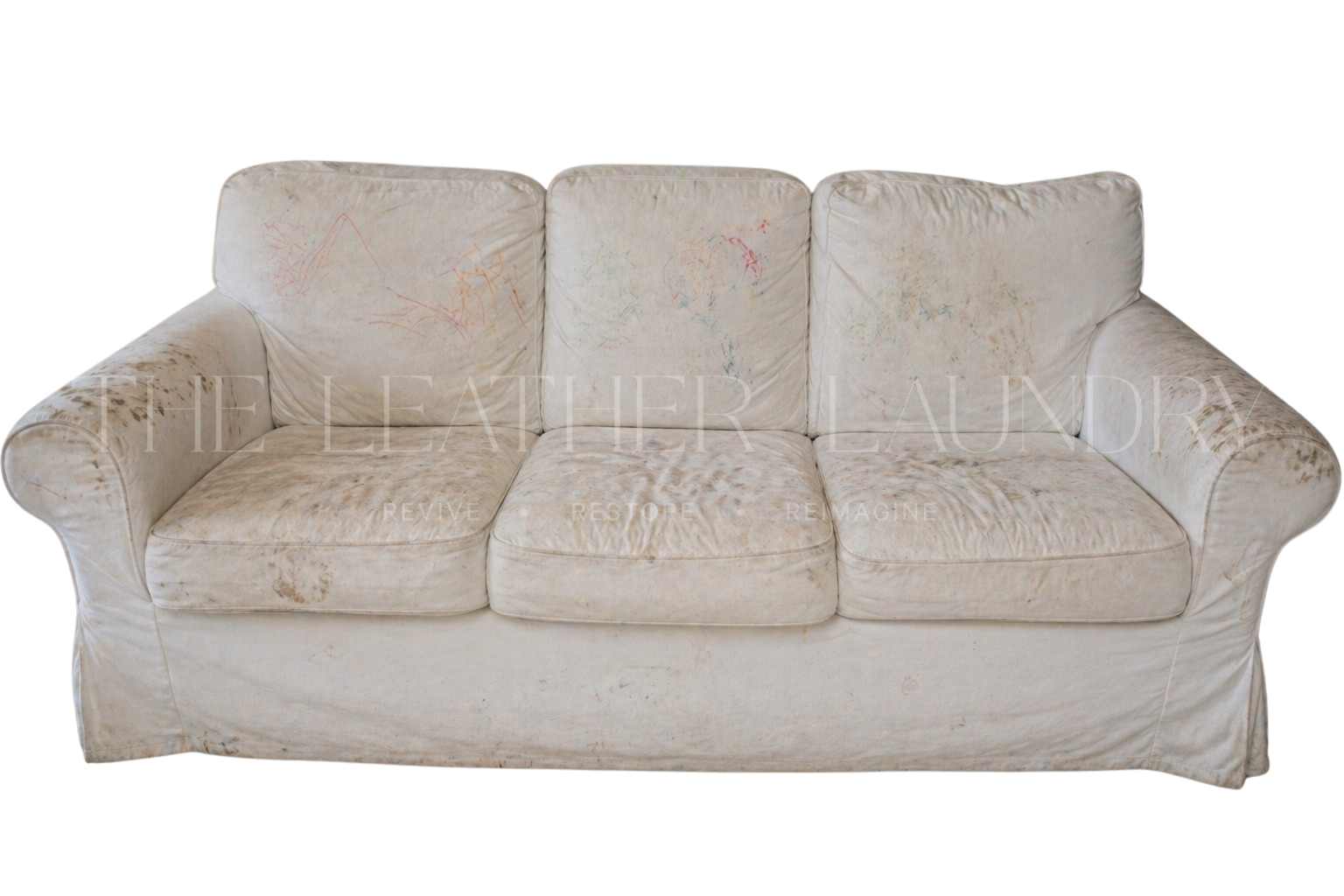 Black leather sofa before — dirty and neglected