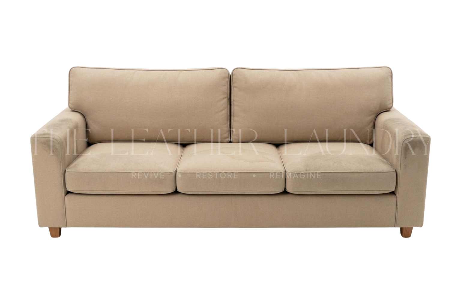 Brown leather sectional before — dirty and faded