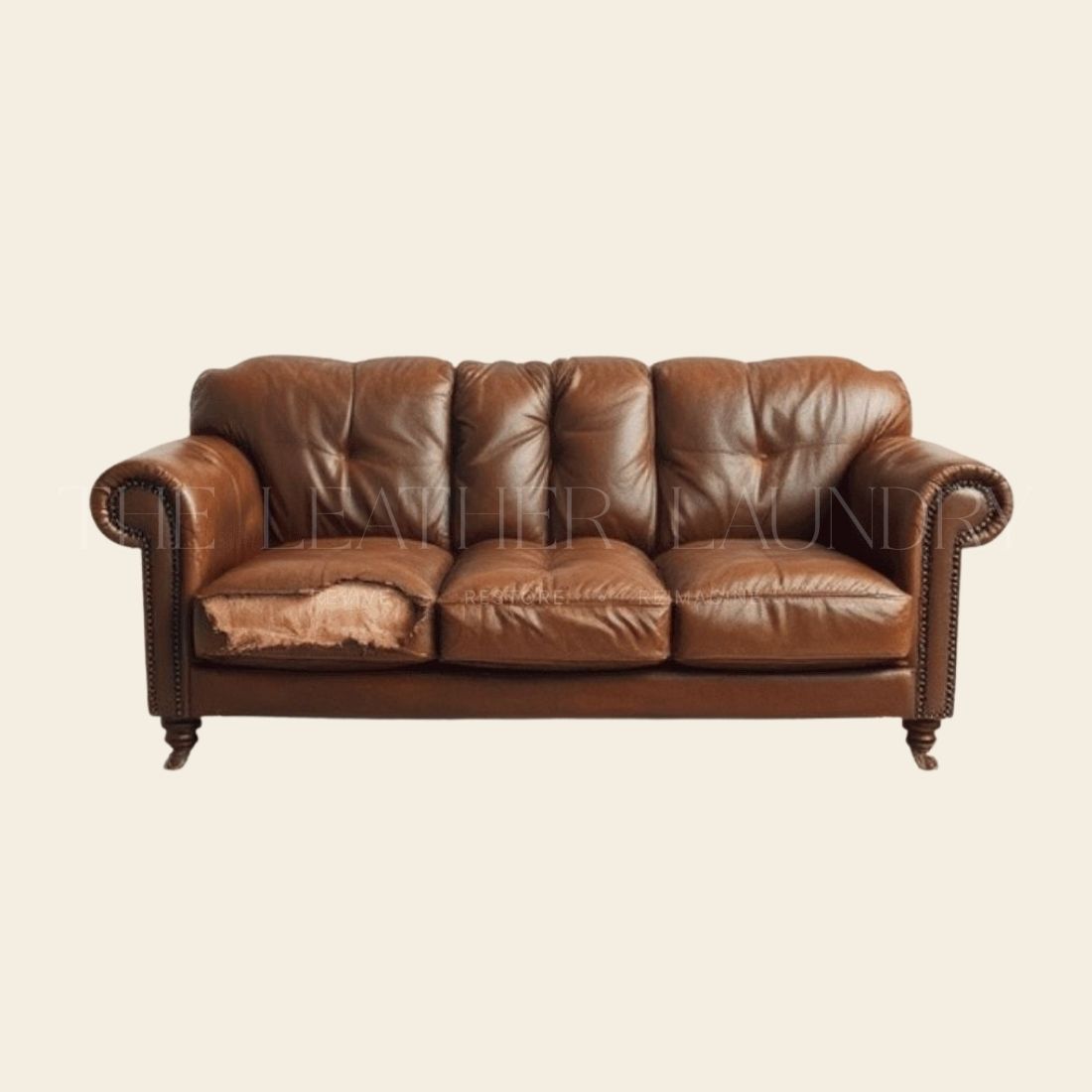 Leather sofa cushion before repair — damaged and sagging